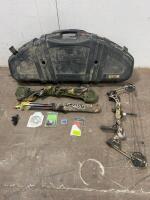 Martin Archery compound bow and accompanying accessories, including a hard case, a soft case, and arrows. Similar used Martin compound bows. - 2