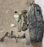 Martin Archery compound bow and accompanying accessories, including a hard case, a soft case, and arrows. Similar used Martin compound bows. - 3