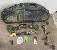 Martin Archery compound bow and accompanying accessories, including a hard case, a soft case, and arrows. Similar used Martin compound bows. - 4