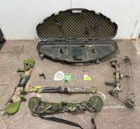 Martin Archery compound bow and accompanying accessories, including a hard case, a soft case, and arrows. Similar used Martin compound bows. - 5