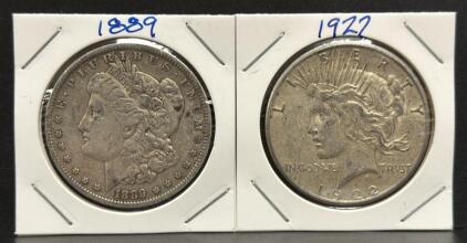 1922 Peace Dollar & 1889 Morgan Dollar, U.S. Silver Coins