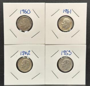 (4) 1960-1963 Roosevelt Dimes, United States Mint, Silver Composition
