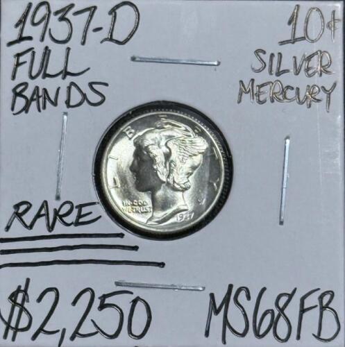 (1) 1937-D MS68FB Rare Full Bands Mercury Dime