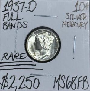 (1) 1937-D MS68FB Rare Full Bands Mercury Dime