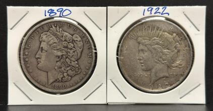 1890 Morgan Dollar & 1922 Peace Dollar, USA, Silver Coins