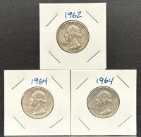 (3) 1962 & 1964 Washington Quarters, U.S. Mint, 90% Silver