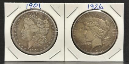 1901 Morgan Silver Dollar & 1926 Peace Silver Dollar, 90% Silver, U.S. Coins