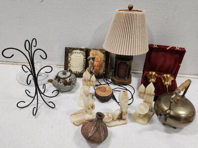 (1) Vintage Tea Tin Table Lamp (1) Vintage Otagiri Japanese Stoneware Teapot (4) Vintage Carved Marble Bookends And More