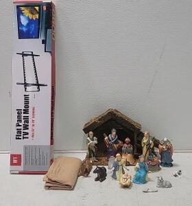 Nativity Scene Figurines Set with Stable, 12+ Pieces, Multicolored (1) TV Wall Mount (1) Box of Lights