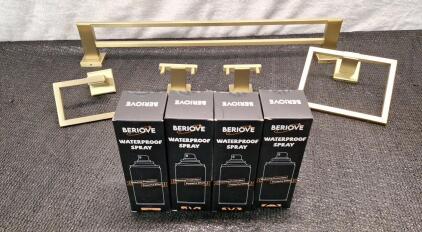 (4) 6.8-Oz Cans Of Beriove Waterproof Spray & (1) 5-Piece Bathroom Hardware Accessory Set, Gold Finish