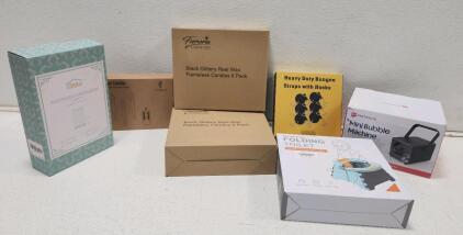 (1) Dartwood Mini Bubble Machine (2) Furora Lighting Black Glittery Real Wax Flameless Candles Pack of 6 (1) Heavy Duty Bungee Straps With Hooks (1) Honboom Potty Training Folding Toilet (1) Vtobay Flameless Taper Candles