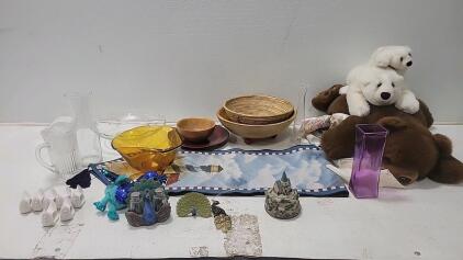 Assorted Lot of Glassware, Plush Toys, and Decorative Items