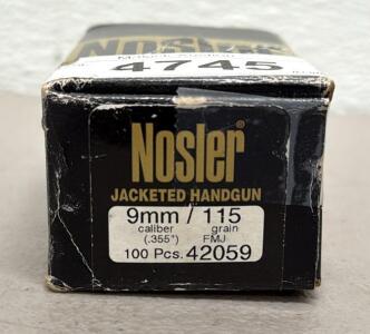 Nosler 9mm FMJ 115 Grain Jacketed Handgun Bullets, 100 pcs