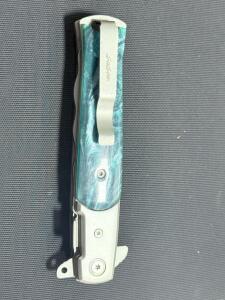 Tiger Stiletto Folding Knife, 1045 Surgical Steel Blade, Blue Swirl Handle