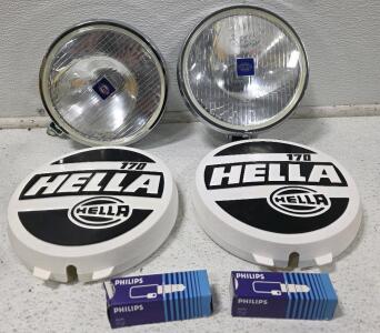 (2) Hella Rally 170 Auxiliary Lights with Covers and Philips Bulbs *New Old Stock*