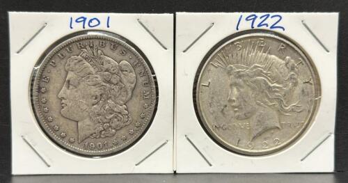 1901 Morgan Silver Dollar & 1922 Peace Silver Dollar - U.S. Coins