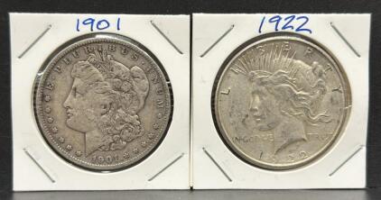 1901 Morgan Silver Dollar & 1922 Peace Silver Dollar - U.S. Coins