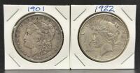 1901 Morgan Silver Dollar & 1922 Peace Silver Dollar - U.S. Coins