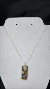 Super Beautiful 28.50 ct. Blue Sea Sediment Jasper Gold/Copper Pendant W/.925 Silver Necklace