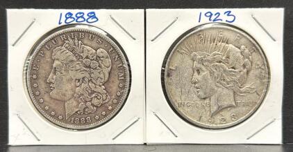1888 Morgan Dollar & 1923 Peace Dollar, US Silver Coins