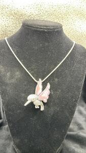 Peach Abelone Shell Set Into A Tibetan Silver Pendant Broach W/.925 Silver Necklace