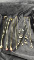 Costume Jewelry (5) Gold Toned Necklaces W/Stone Pendants (4) Earrings