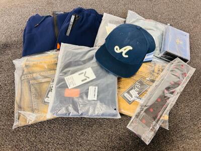 Men's Clothes Lot: Argentina National Team Soccer Hat, Retro Game Tie, White Bowtie, Scarf, Tracksuit, Shorts, Jeans, and Jogger Pants