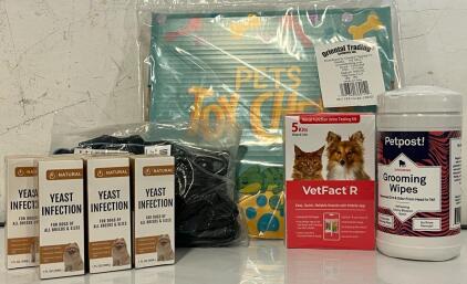 Pet Goods Including Hands Free 2-Dog Leash, (6) Bottles Of Dog Yeast Infection Treatment, VetFact R Urine Testing Kit, Grooming Wipes & More