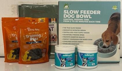 Slow Feeder Dog Bowl, (2) Pet Feeder Mats, Zesty Paws Training Bites & Solid Gold Joint Supplements