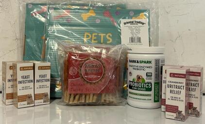 Pet Goods Including (4) Bottles Of Dog Yeast Infection Treatment, (3) Bottles Of Dog Uritract Relief Treatment, Bark & Spark Probiotics For Dogs, Chew Sticks & More