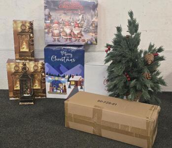 Nativity Blow Up Hard Decor, (3) Latern Globes, Gnome Advent Calendar, (2) Light Up 24in Trees
