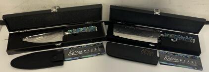 (2) Katana Pearl Knives &mdash; 15cm Chefs Knife & 18cm Nakiri Knife, Premium Japanese Damascus Steel Blade & Abalone Pearl Resin Handle