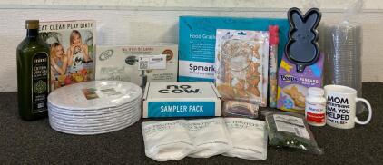2-Pack Pink Cupcake Pan with Lid, Coconut Grater, White Round Cake Boards, (3) Bags Of Sea Salt, No Cow Protein Bars, Mina Extra Virgin Olive Oil, Peeps Pankcale Skillet, Cookbook, Plastic Cups Lids, Mug, And More