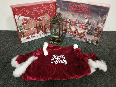 (5) 2025 Gnome Christmas Calendar - 24 Days Countdown To Christmas, (5) 10" Child And Christmas Tree Musical Lighted Snow Globe, (5) Toddler Baby Girls Christmas Romper Dress Velvet Trim Long Sleeve Santa Claus Jumpsuit Hat Outfits