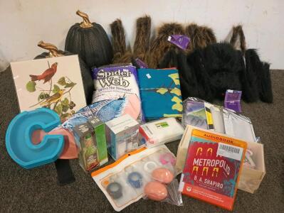 (2) 90" Halloween Spiders, (2) 50" Halloween Spiders, Stretchy Spider Web, (2) Black Plastic Halloween Pumpkins, Halloween Tapestry, (3) Fake Butt Fanny Packs, 5PCS Reusable Fine Mesh Cheesecloth Bags for Straining - Bowl-Shaped, Flying Insect Traps, Vari