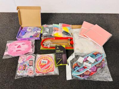 Makeup Travel Bag, Liquefied Gas Spray Gun, Floral Curtain, Pink Sketch Pads, Tourniquets, Stickers, Mermaid Purse and Accessories, Gel Mask and More