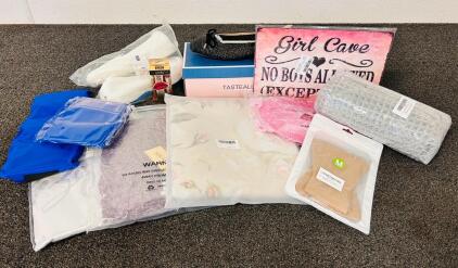 Waffle Bath Mat, Woman's Satin Robe (Bridesmaid), Floral Curtain, Matte Lips Lipstick and Lipliner, Girl Cave Sign, Shoes, Gel Mask, Arthritis Gloves and More