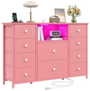 Pink Dresser W/10 Fabric Storage Drawers, LED Lights & Sockets