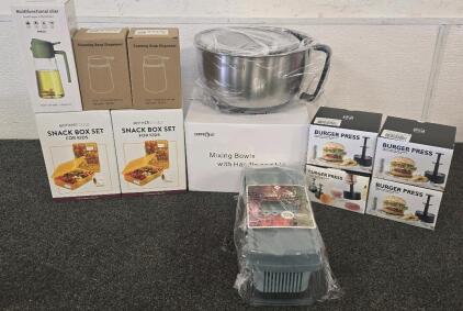 Mixing Bowls With Handle And Lid, (4) Burger Presses, (2) Kids Snack Box Sets, And More