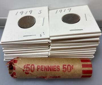(31) Assorted Year Collectible Pennies Ranging From 1919 To 1982, Roll Of Wheat Pennies (Unknown Years)