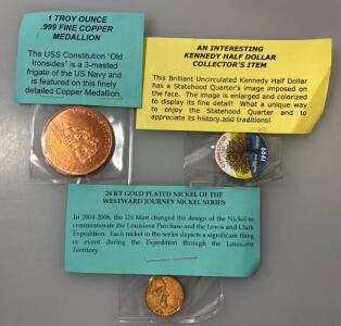 1 Troy Ounce .999 Fine Copper Medallion, An Interesting Kennedy Half Dollar Collectors Item, And 24Kt Gold Player Nickel Of The Westward Journey Nickel Series