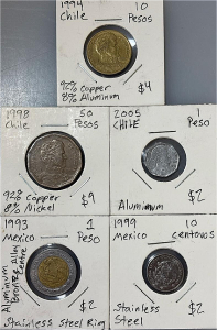 (5) Foreign Coins Including 1994 Chilean (10) Pesos, 1998 Chilean (50) Pesos, 2005 Chilean (1) Peso, 1993 Mexican (1) Peso, 1999 Mexican (10) Centavos