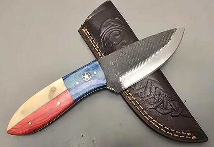 Carbon Steel Custom Hunting Knife; Red, White And Blue Handle W/ Leather Sheath