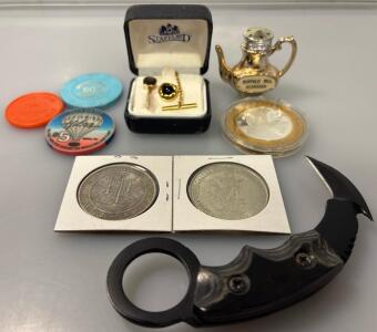 Gold-Tone Stafford Tie Tac Featuring Black Onyx Stone, Bill Crosby Token, Paradise Island Casino $1 Token From 1986 W/ Casino Chips, And Like-New Karambit Knife