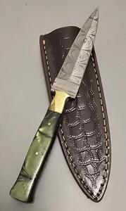 Damascus Steel Custom "Boot Knife" W/ Leather Sheath