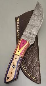 Damascus Steel Custom Hunting Knife W/ Leather Sheath