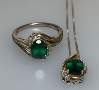Emerald And Diamond Ring W/ Matching Emerald And Diamond Pendant Necklace