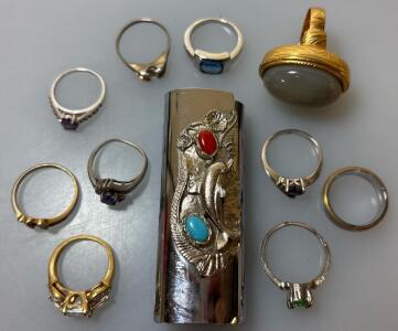Navajo Turquoise And Coral Silver Lighter Case, Antique Gold Locket With Grey/Greenish Stone Ring, And Variety Of (9) Rings
