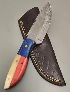 Damascus Steel Red/White/Blue Handled Hunting Knife W/ Leather Sheath