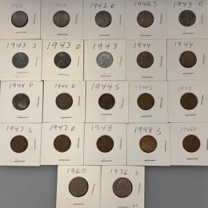 (20) 1942-1948D One Cent Wheat Pennies W/ (1) 1920 Buffalo Nickel And (1) 1976-S Jefferson Nickel